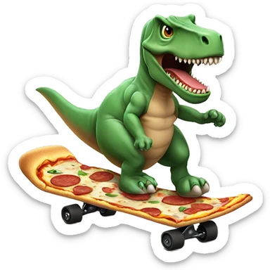 tre rex eating a pizza while skateboarding sticker