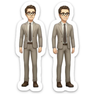 Full height Pale skinned fit man with dark brown hair in gray jacket, beige office shirt, brown tie, brown pants and vintage glasses. His right hand stretched out sticker