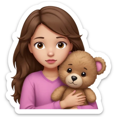 girl with long wavy brown hair, brown eyes, light to medium complexion, in a pink shirt, pink lips, long lashes, sad, hugging a teddy bear with a  heart sticker