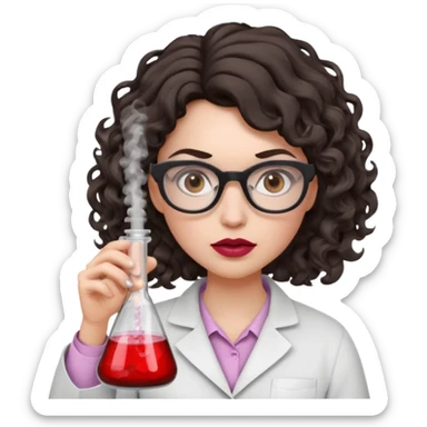 A crazy female scientist, with curly-wavy dark brown medium lenght hair, brown eyes and light grey glasses and pale skin and pinkish lips, dressed to look like an english teacher but in neutral tones like grey black white, maybe with the pop of dark red, she should look slighltly mad/crazy sticker