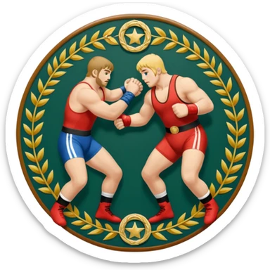 An icon symbolizing wrestling combat sports in the style of an emblem. The design features two wrestlers locked in a powerful grapple, one attempting to take the other down. Surrounding the scene are stylized elements like a championship belt, wrestling mat, and a laurel wreath. sticker