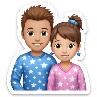 4 year old brown spikey haired boy with blue pajamas with stars on them and a 1 year old brown haired pony tail girl with pink pajamas, and stars on them with light skin. Top left on, can you make them smile more with lighter skin sticker