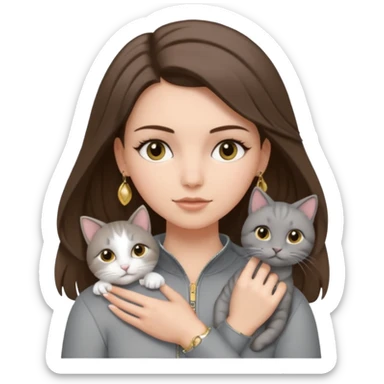a white girl with brunette hair in brain that is over her shoulder. shes holding a grey cat. the girl has long lashes and has on a grey zip up that is half way zipped  and under a white shirt and gold jewelry that is gold bracelets. sticker