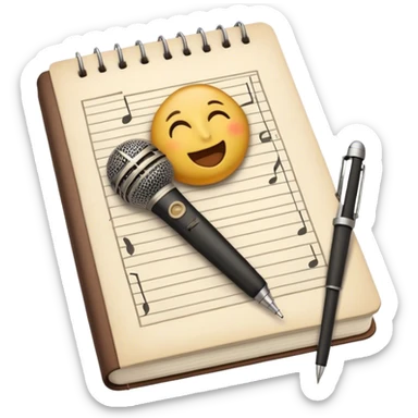 Create an emoji representing songwriting. The design should feature an open notebook or sheet music with visible lyrics between the musical notes, symbolizing the process of writing song lyrics. The text between the notes should be clearly visible. A pen or pencil should be placed near the notebook, indicating active writing. Optionally, include a single vintage microphone lying beside the notebook (not on the music notes) to add a creative touch. Use a harmonious color palette with warm and neutral tones. Do not include any emojis or smiley faces. Make the background transparent. sticker