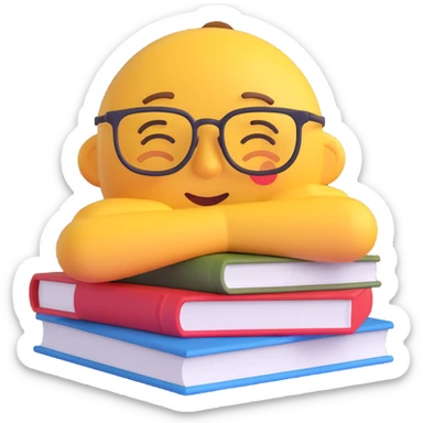 emoji of a sleepy face with glasses, resting on a pile of textbooks, showing fatigue from studying for exams sticker