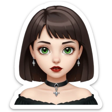 pale girl with dark green/brown eyes, straight medium length brown hair and short bangs, full round lips, eyebrow and nose silver piercing wearing a off shoulder black shirt. she’s a vampire sticker