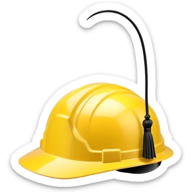 A bright yellow hard hat with a small black tassel hanging from one side, combining the traditional graduation cap with an engineer's safety helmet. The helmet has realistic ridges and a sturdy design, symbolizing construction, engineering, and technical expertise. The tassel is slightly swaying, adding a graduation touch. The background is plain white. sticker
