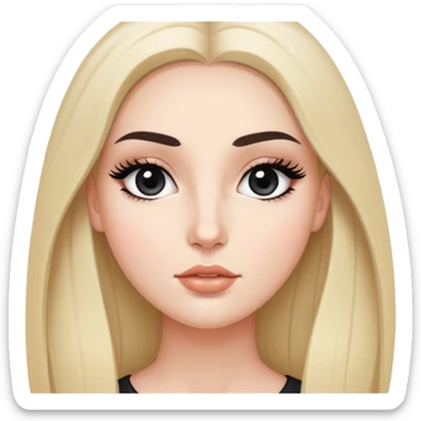 White girl with long oval face, huge round black eyes, big eyelashes, no makeup, natural lips, long straight black middle-parted hair sticker