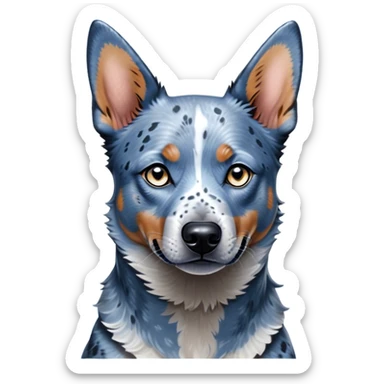 Cinematic Noble Blue Speckle Australian Cattle Dog Portrait Emoji, Poised and regal, with a robust, athletic build and a striking blue speckle Fur, piercing blue eyes, Simplified yet sharp and sophisticated features, highly detailed, glowing with a cool, dignified glow, high shine, intelligent and hardworking, stylized with an air of precision, focused and attentive, soft glowing outline, capturing the essence of a watchful and determined herder, so majestic it feels as though it could leap out of the screen with effortless authority! sticker