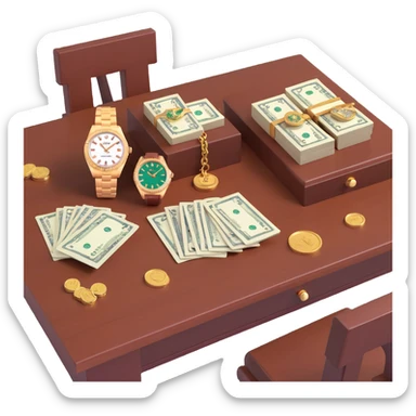 3D scene showing a wooden table with jewelry, a luxury hand watch Rolex style, and bundles of cash, realistic and detailed sticker