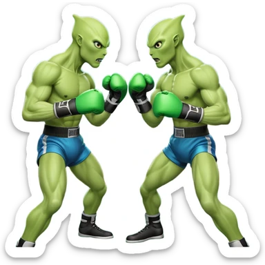 two aliens boxing in a fight stance, facing each other with raised gloves, dynamic action pose, intense expressions, sci-fi arena vibe, 3D cartoon style, mobile game icon style, clean background, no text, no watermark
 sticker