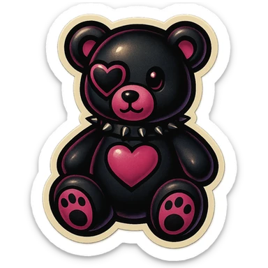 gothic teddy bear with black and pink color scheme, bear with heart-shaped eye patch, retro stickers style sticker