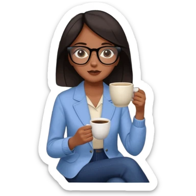 Chica de pelo negro ojos negros y piel morena con lentes oversize square GAFAS DE LEER BIEN GRANDES  , sentada en una sala de casa , en la mano derecha una taza de cafe con una flor negra de diseno. Sentada mirando un drama koreano en la television.  sticker