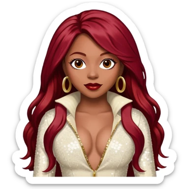 LaTavia Robeson from Destiny's Child with long dark red hair, ivory sequin outfit sticker