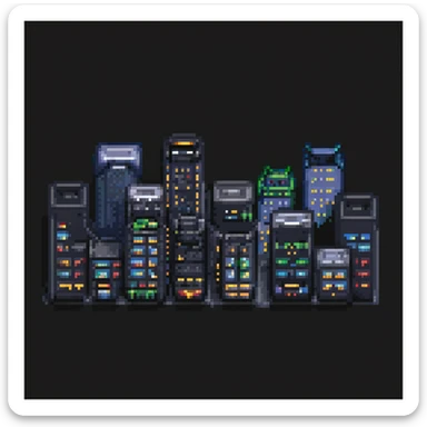 Pixel art night scene of Gotham City. Dark, moody street with a flickering lamppost, trash bins, and a few shadowy human silhouettes. Gritty atmosphere, subtle lighting, cinematic noir vibe. sticker