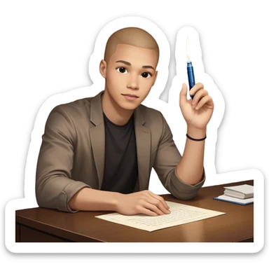 A man sitting on desk. A glowing hand emerges from within a piece of paper, symbolizing the future self. The hand extends forward, offering a pen, as if passing over the ability to take action. The pen is illuminated, representing the moment of decision—the choice to stop procrastinating and start. sticker