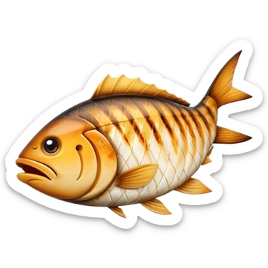 Gradele Cinematic Realistic Gradele Dish Emoji, depicted as 2 perfectly grilled fish with prominent grill marks and a smoky finish, rendered with vivid textures and dynamic, natural lighting. sticker