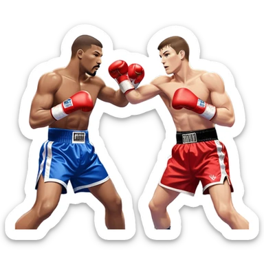  a high-stakes boxing match for the world championship title. Two professional boxers, wearing gloves and championship belts, exchange powerful punches in the center of the ring. The background features a packed arena with bright lights, a roaring crowd, and the championship banner hanging above.  sticker