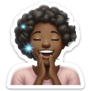 A cute, cheerful black girl laughing, covering her mouth and eyes closed in joy, surrounded by light blue sparkles sticker