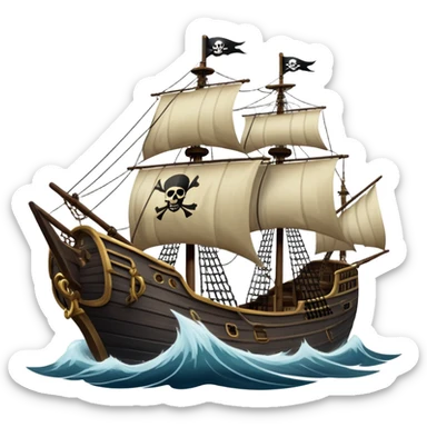 An icon representing an adventure game, inspired by high-seas exploration. The design features a fearless pirate gripping the wheel of a grand sailing ship, its tattered Jolly Roger flag billowing as it cuts through stormy waters. The scene evokes danger, treasure, and the thrill of the open sea. Transparent background. sticker