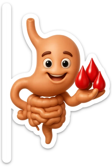 emoji stile iphone 3d di stomaco e intestino collegati verticalmente con 3 gocce di sangue 3d in mano, iperrealistiche 4k sticker