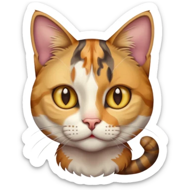 full body anxious looking colourful light calico tabby cat with hazel eyes  and half of face in brown tabby sticker