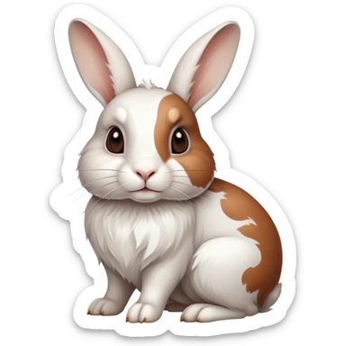 Cinematic Noble White and Brown Rabbit Portrait Emoji, Poised and regal, with a balanced, compact build and a beautifully patterned fur of pristine white accented by rich brown patches, long, alert ears and deep-set soulful eyes, Simplified yet sharp and sophisticated features, highly detailed, glowing with a soft, dignified glow, high shine, intelligent and gentle, stylized with an air of refined charm, focused and attentive, soft glowing outline, capturing the essence of a watchful and confident companion, so majestic it feels as though it could hop out of the screen with effortless authority! sticker