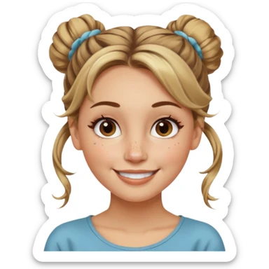 creative women with long dark Blond with highlights semi curly hair white women with hair in a messy bun, oval shape face hazel eyes long lashes freckles on the nose high cheek bones sticker