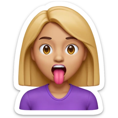 A 3D emoji-style woman with a dead-face vibe: X-shaped crossed-out eyes, mouth open with tongue sticking out slightly, lifeless cartoon expression. She has light caramel brown skin, smooth glossy emoji texture, rounded face, shoulder-length hair, wearing a purple top. sticker