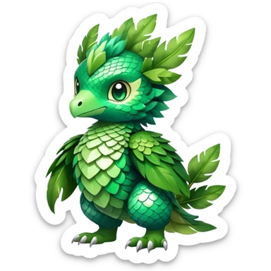 Cute cool fantasy animal hybrid Fakemon full body, green scales, leaves, feathers, sticker