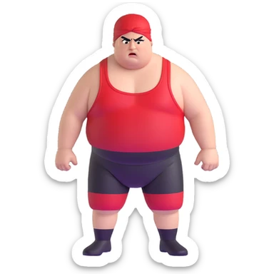 Close-up of white skin fat guy with prominent black durag, completely shaved face, no beard or mustache, black eyes in a red and black wrestling singlet with angry face sticker