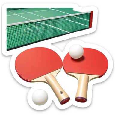 Two table tennis paddles and a ball placed on a ping pong table, with the net in the background. The scene conveys the simplicity and focus of the sport, with vibrant colors highlighting the rackets and ball on the smooth surface of the table. sticker