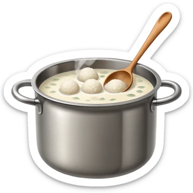 deep stainless steel stockpot with boiling water and floating glutinous rice flour balls and one wooden spoon sticker
