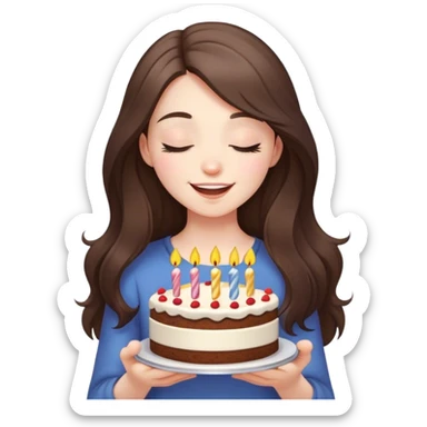 happy beautiful pale brunette girl with long eyes closed hair holding a piece of birthday cake  sticker