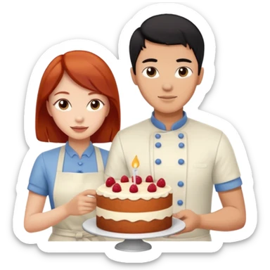black haired asian guy bakes cake with redhead girlfriend sticker