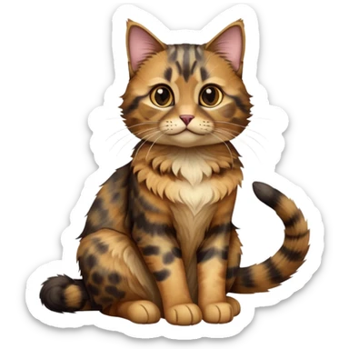 cinematic-[tortoiseshell tabby cat]-realistic-full-body-sitting-emoji,-tail-curled-playfully-around-its-paws,-head-tilted-dramatically,-scruffy-[dark faced tortoiseshell coloured]-fur,-simplified-yet-realistic-focused-features,-highly-detailed,-glowing-with-an-almost-sarcastic-glow sticker