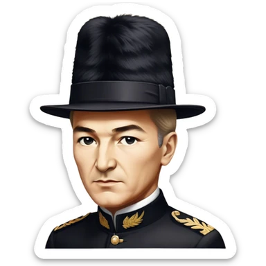 ​Cinematic Realistic Portrait of a Young Mustafa Kemal Atatürk, depicted wearing an iconic tall black fur hat along with traditional attire, his confident, visionary expression illuminated by warm, inspiring lighting, rendered with rich historical textures that capture his youthful dynamism and transformative leadership, sticker