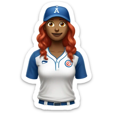 front facing standing up female coach with long red hair, wearing a white t-shirt and a simple baseball blue hat sticker