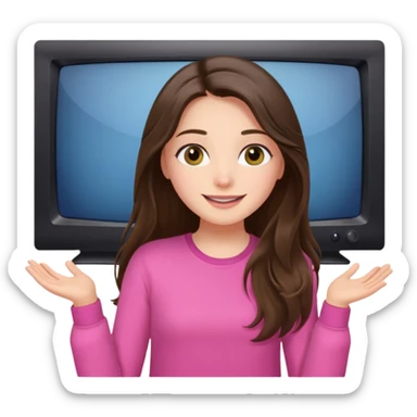 happy long haired brunette girl hazel eyes in pink watching tv sticker