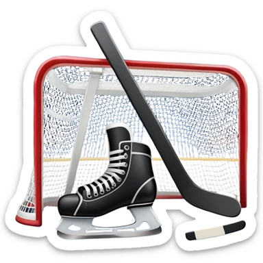 An icon showing a close-up of a hockey stick, puck, skates, and hockey net placed on the ice. The background features a packed stadium with bright lights, cheering fans, and snowy scenery outside. Transparent background highlights the key elements of the game. sticker