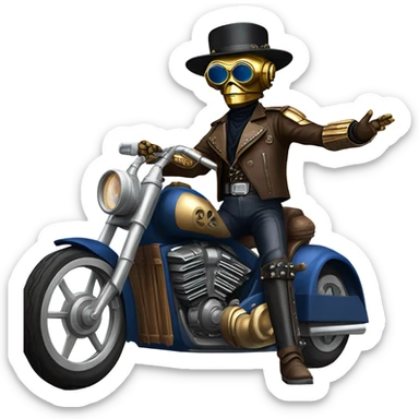 C-3PO wearing a pair of navy-blue sunglasses, hat, leather chaps, fringe jacket riding a steampunk motorcycle on ice  sticker