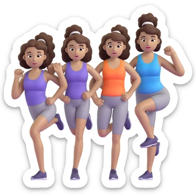 three women friends exercising together, one black woman with curly brown hair, one pale white woman with curly brown hair, and one white woman with straight brown hair in a ponytail positioned on the right sticker