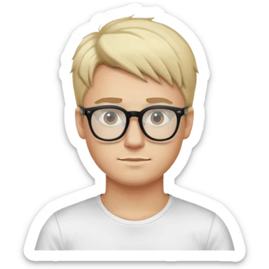 a guy with blond hair, glasses with tinted lenses, a white T-shirt and black leggings sticker