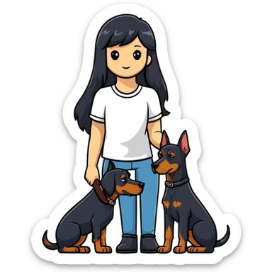 Black long-haired girl holding Doberman sticker