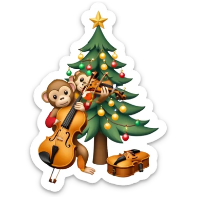 sapin de Noël décoré d'une guirlande lumineuse et de boules  avec un violon à la place du tronc et un petit singe perché au sommet en train de mettre l'étoile de Noël sticker