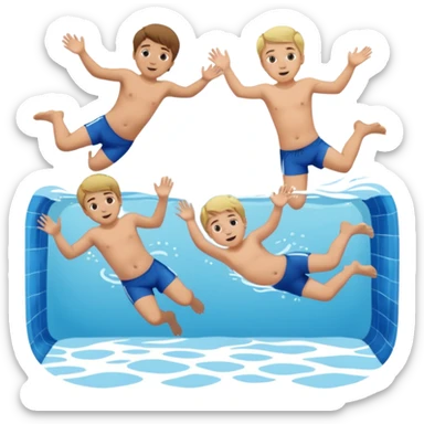 Two blond boys, the third boy with brown hair and a little baby girl with braun hair doing a belly flop in to a pool full of water. Show the pool sticker