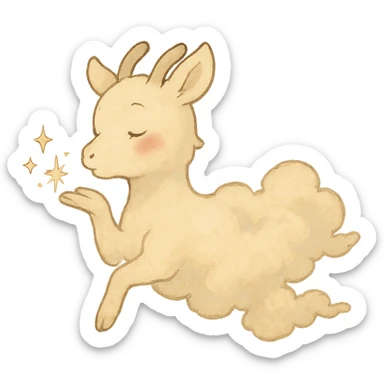 vanilla-colored cloud doe with rosy cheeks, floating gently while blowing a kiss with sparkles, soft ghibli style sticker