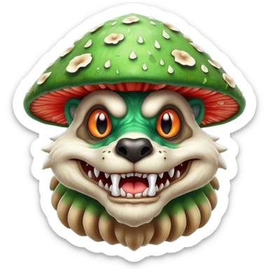 poisonous mushroom beast portrait, head and shoulders only, wolf-like face, mushroom cap growths on head, glowing green spores, sharp teeth, fantasy animal monster style, 3D cartoon, mobile game icon style, clean background, no text, no watermark

 sticker