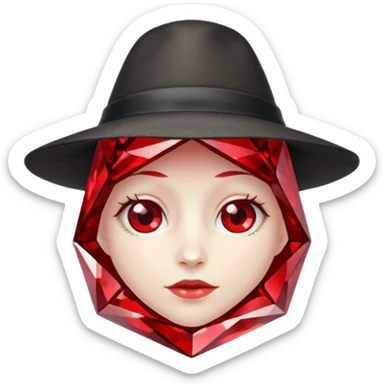 A single red crystal gemstone character wearing hat,  irregular with faceted very sharp sides,, , high detail, sticker
