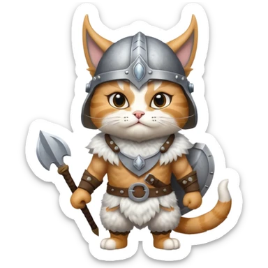 valorous Viking cat in Valhalla, with a horned helmet, standing on a cloud sticker